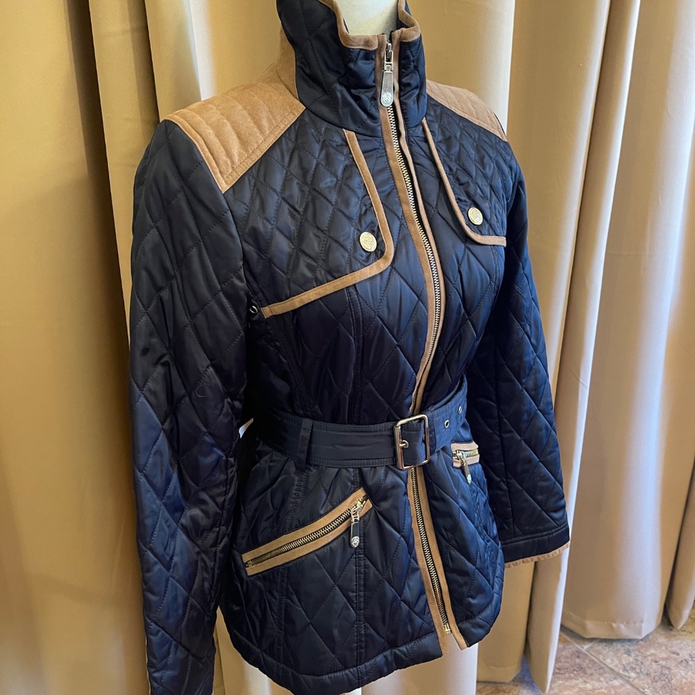 NEW! Vince Camuto Navy Blue and Tan Belted Jacket Size XS - Picture 3 of 15